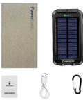 Rugged 8000mAh Solar Charger Power Bank For Outdoor Adventures with USB C ports, carabiner, compass, and LED flashlight