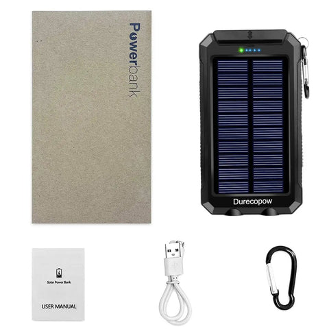 Rugged 8000mAh Solar Charger Power Bank For Outdoor Adventures with USB C ports, carabiner, compass, and LED flashlight