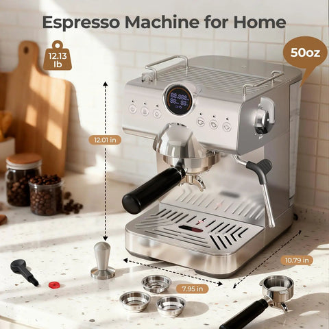 Top Shelf Espresso Machine With Hot And Cold Brew Coffee Maker And Milk Frother For Knockout Cafe Drinks Home 50 Oz Tank LCD Screen.