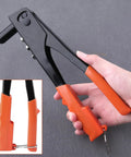 Beast Mode Heavy Duty 4-In-1 Rivet Gun Kit with 100 Rivets, 9.5 inch alloy steel, black and orange design, held in hand