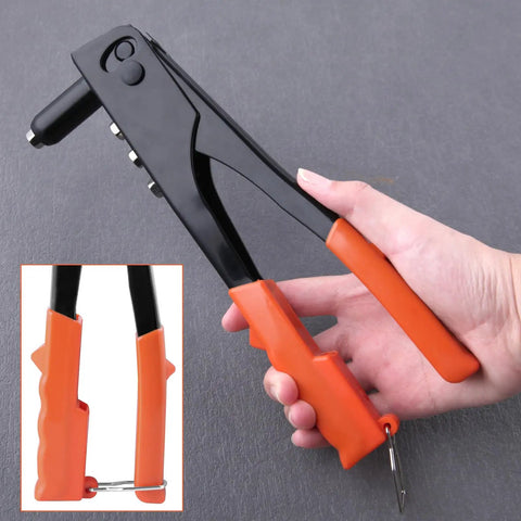 Beast Mode Heavy Duty 4-In-1 Rivet Gun Kit with 100 Rivets, 9.5 inch alloy steel, black and orange design, held in hand