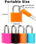 4 Pack Multicolor Keyed Padlocks For Suitcases And Luggage With Two Distinct Keys showing dimensions and colors.
