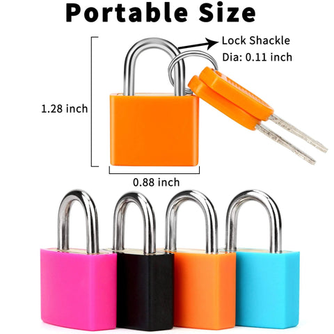 4 Pack Multicolor Keyed Padlocks For Suitcases And Luggage With Two Distinct Keys showing dimensions and colors.