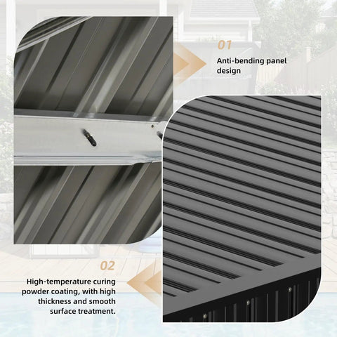 Interior and exterior view of Heavy Duty Outdoor Trash Can Storage Shed With Chain Lid, showcasing anti-bending panel design