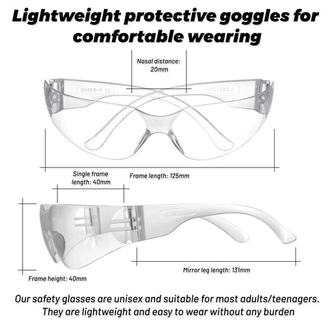 100 Pack Clear Safety Glasses For Men And Women, Ansi Z87.1 Certified Polycarbonate Eye Protection showing dimensions and design.