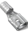 Close-up of High Temperature Female Non Insulated Spade Connectors Pro Grade 100 Pack For 12 To 10 Gauge Quick Disconnect One Quarter Inch Female Tab Wire Splice Connectors For Strong Crimps In Electrical Terminals showing 12-10 gauge size marking