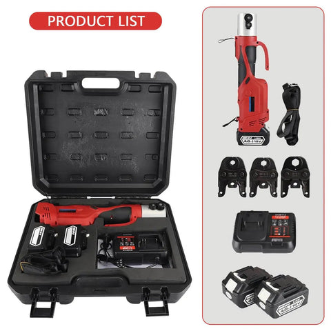 Eiwitany Portable Cordless Hydraulic Pipe Press Tool 18V Wireless Crimping Machine shown in case with two batteries and accessories.