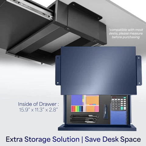 Under Desk Pullout Drawer 18 Inch Slide Out Storage Organizer For Home Office Black Keeps Clutter Down And Workflow Smooth With Easy Access Desk Hack DESKAC03B drawer open with office supplies inside.