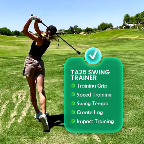 Golfer using Indoor Golf Swing Trainer with Adjustable Weights for Right Handed Players on a sunny golf course