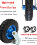Heavy Duty Swivel Plate Casters With Thick Rubber Tires And Reliable Side Lock Brakes 4 Pack close-up of thickened 8-inch wheel with blue base.