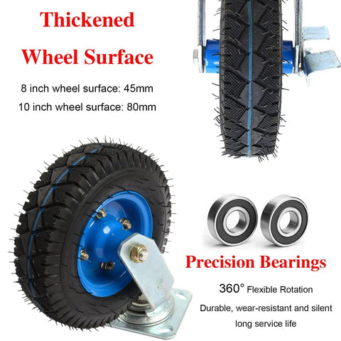 Heavy Duty Swivel Plate Casters With Thick Rubber Tires And Reliable Side Lock Brakes 4 Pack close-up of thickened 8-inch wheel with blue base.