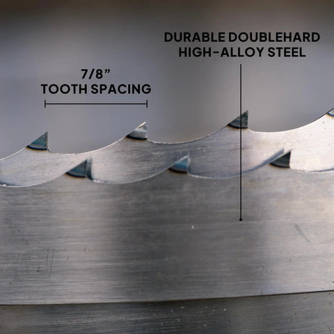 Close-up of 132 Inch Sawmill Bandsaw Blades 5 Pack DoubleHard 10 Degree All Purpose Hook Angle with tooth spacing and high-alloy steel.