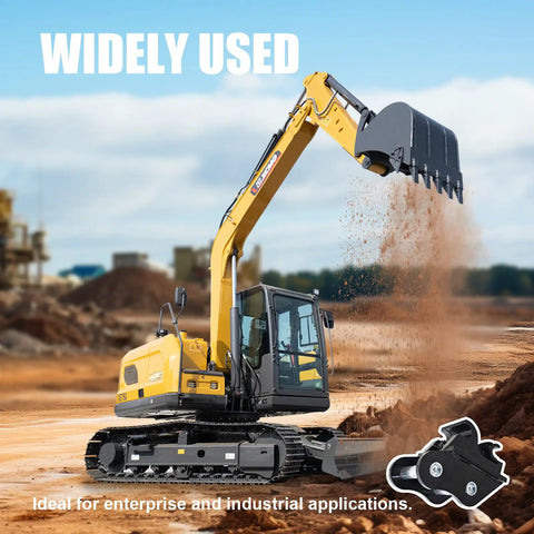 Heavy Duty Quick Coupler For Mini Excavators Under Three Tons Easy Quick Change Hitch Attachment installed on yellow mini excavator