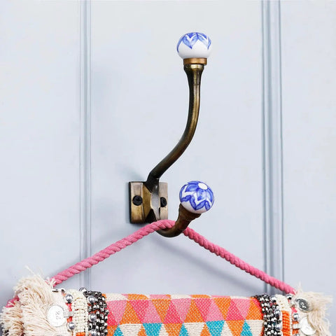 Heavy Duty Double Coat Hooks Wall Mount Six Pack In Blue And White, Decorative Prong Hooks Perfect For Coats, Towels, Backpacks, Purses, And More, Vintage Style Rack, Rustproof Waterproof And 44 Lb Capacity, Easy Install