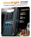 Outdoor Power Bank With 48000mAh Solar Charger Wireless Portable Battery Pack With Built In 4 Cables And 4 Solar Panels PD QC 3.0 Fast Charging USB C Output Flashlight Ideal For Camping And Travel, featuring LED flashlight with 3 modes next to camping scene