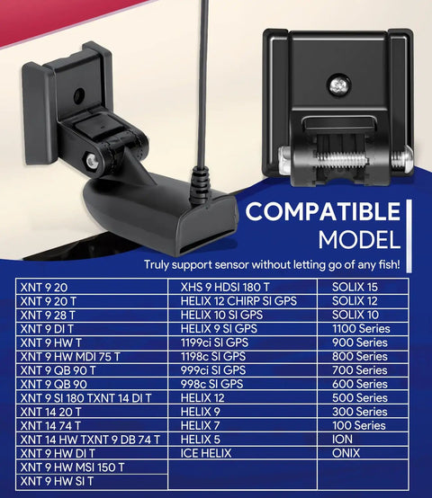 Sturdy Transducer Bracket Transom Mount Hardware Kit For Black Skimmer Transducer with compatibility list on a blue background.