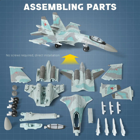 One Hundredth Scale SU-35S Fighter Jet Quick Build Model Kit With Stand parts layout for easy assembly.