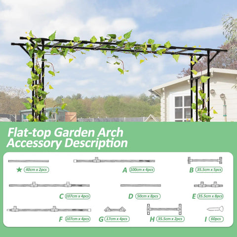 Diagram of Supersize Garden Arch Trellis Flattop 100 Inches Long By 86 Inches High with assembly parts and dimensions.