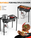 Two Burner Outdoor Propane Gas Stove With Adjustable Regulator 150,000 BTU High Pressure Stand Cooker with pots