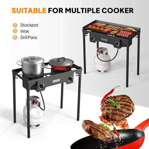 Two Burner Outdoor Propane Gas Stove With Adjustable Regulator 150,000 BTU High Pressure Stand Cooker with pots