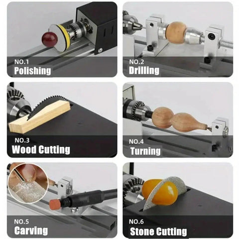 Compact Mini Lathe Machine For Metal Turning And Woodworking in action: polishing, drilling, wood cutting, turning, carving and stone cutting.