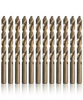 Size 21 Cobalt Drill Bit Set Pack Of 12 From DWDCO Series Gold Oxide Coated For Stainless Steel And Nickel Alloys shown upright