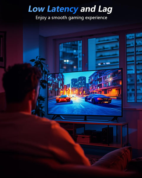 Person gaming in living room with focus on TV showing racing game, highlighting low latency and smooth experience.