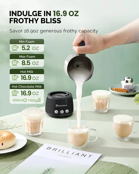 No Sweat Electric Milk Steamer And Frother Game Changer For Coffee Lovers generating top shelf creamy foam in latte cups.