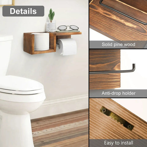 Wooden Toilet Paper Holder Wall Mount With Shelf Farmhouse Bathroom Storage Rack for tissue rolls and small accessories.