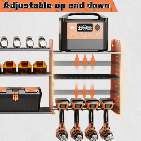 Power Tool Organizer Wall Mount With Charging Station, Three Layer Heavy Duty Garage Storage, 45.6 Inch Wide, Orange