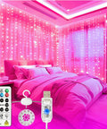 Untangled Curtain Lights 300LED USB Fairy String Lights With Remote in bedroom, pink glow illuminating wall and bed, 9.8x9.8 ft.