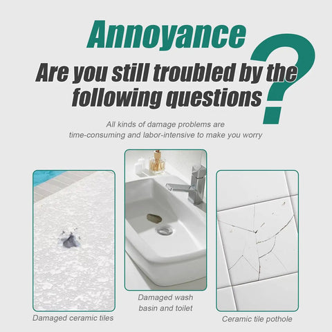 Image of damaged ceramic tiles, a cracked wash basin, and a broken ceramic tile, illustrating repair needs for a kit.