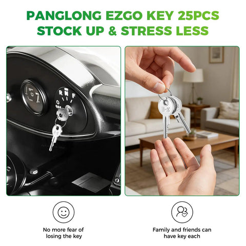 Top Shelf 25 Pack Of Ezgo Golf Cart Keys Delivering Straight Up Factory Ignition Cuts That Slide Right Into Txt Rxv Models From 1981 Forward For No Sweat Storage Solutions And Smooth Weekend Cruiser Operations, showcasing keys in ignition and hand.
