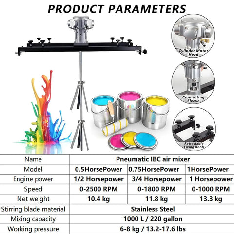 Industrial Pneumatic IBC Tote Mixer With Folding Blade For Thick Materials, Air Agitator For Paints And Inks, 264 Gallon Capacity, 0-2500 RPM, Motor Options One Half HP, Three Quarters HP, Or One HP, Heavy-Duty Blending showing stainless steel mixer parts and specs