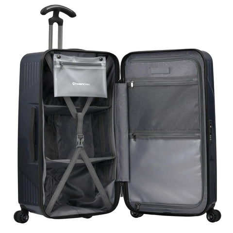 26 inch polycarbonate spinner luggage with tie down straps and TSA lock in navy, showing open interior with compartments and durable design.