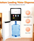 Bottom Loading Water Cooler Dispenser With Three Temperature Settings Hot Cold And Room For 5 Gallon Bottles Floor Standing 110V Ideal For Home And Office Use White displayed with open bottom compartment showing 5-gallon bottle.