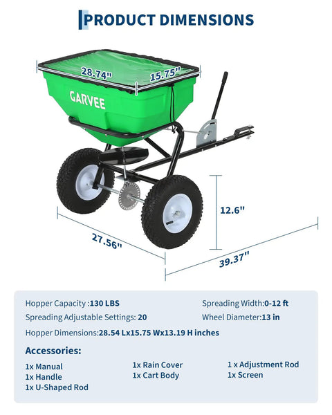 Heavy Duty Tow Behind Broadcast Spreader with 125 lbs hopper and 30 settings, 9.8 ft spread, universal hitch for UTV, ATV, or tractor.