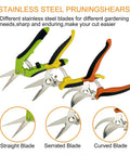 All In One Pruning Shears Kit 4 Pack Garden Clippers With Stainless Steel Blades showing straight, serrated, and curved blade types.