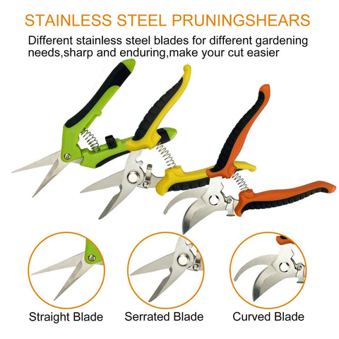 All In One Pruning Shears Kit 4 Pack Garden Clippers With Stainless Steel Blades showing straight, serrated, and curved blade types.