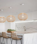 Handwoven Bamboo Pendant Light For Kitchen Island And Dining Nook, Wicker Chandelier in modern kitchen setup