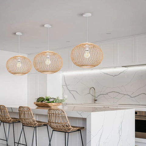 Handwoven Bamboo Pendant Light For Kitchen Island And Dining Nook, Wicker Chandelier in modern kitchen setup