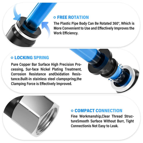 Push To Connect Female Branch Tee Fittings 1/4 Inch Tube OD To 1/4 Inch NPT Thread highlighted by free rotation, locking spring, and compact connection