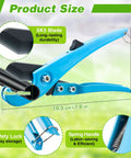 Blue drip irrigation tubing cutter and hole punch tool with SK5 blade for 16mm-25mm PE pipes, showing product size and features.