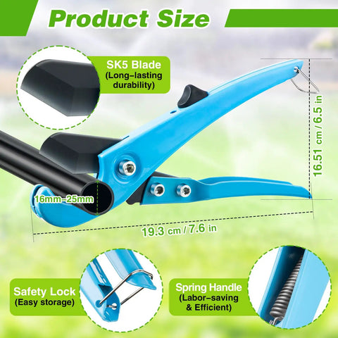 Blue drip irrigation tubing cutter and hole punch tool with SK5 blade for 16mm-25mm PE pipes, showing product size and features.