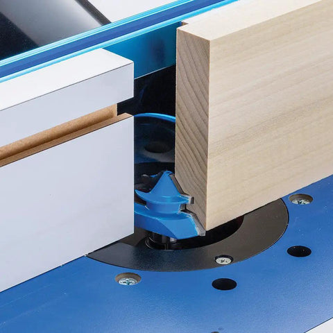 Router Bit Setup Jig For 45 Lock Miter Bits 22627 on woodworking table with precise alignment for miter joints using wood stock.