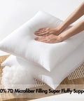 Hands pressing into white pillow on a bamboo mat, showcasing 100% 7D microfiber filling for fluffy support.