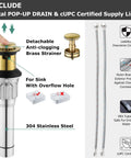 Two-Handle Bathroom Sink Faucet in Brushed Gold with Metal Push and Seal Pop-Up Drain, detachable brass strainer, cUPC supply lines