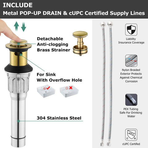 Two-Handle Bathroom Sink Faucet in Brushed Gold with Metal Push and Seal Pop-Up Drain, detachable brass strainer, cUPC supply lines