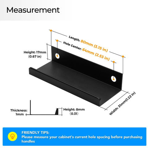 Measurement diagram of 6 Pack Finger Edge Pulls for Cabinets 80mm Length Matte Black Concealed Cabinet Handles with dimensions labeled.