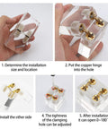 Installation guide for Concealed Cabinet Hinges Copper Barrels Cylindrical Hideaway Hardware with a brass look.